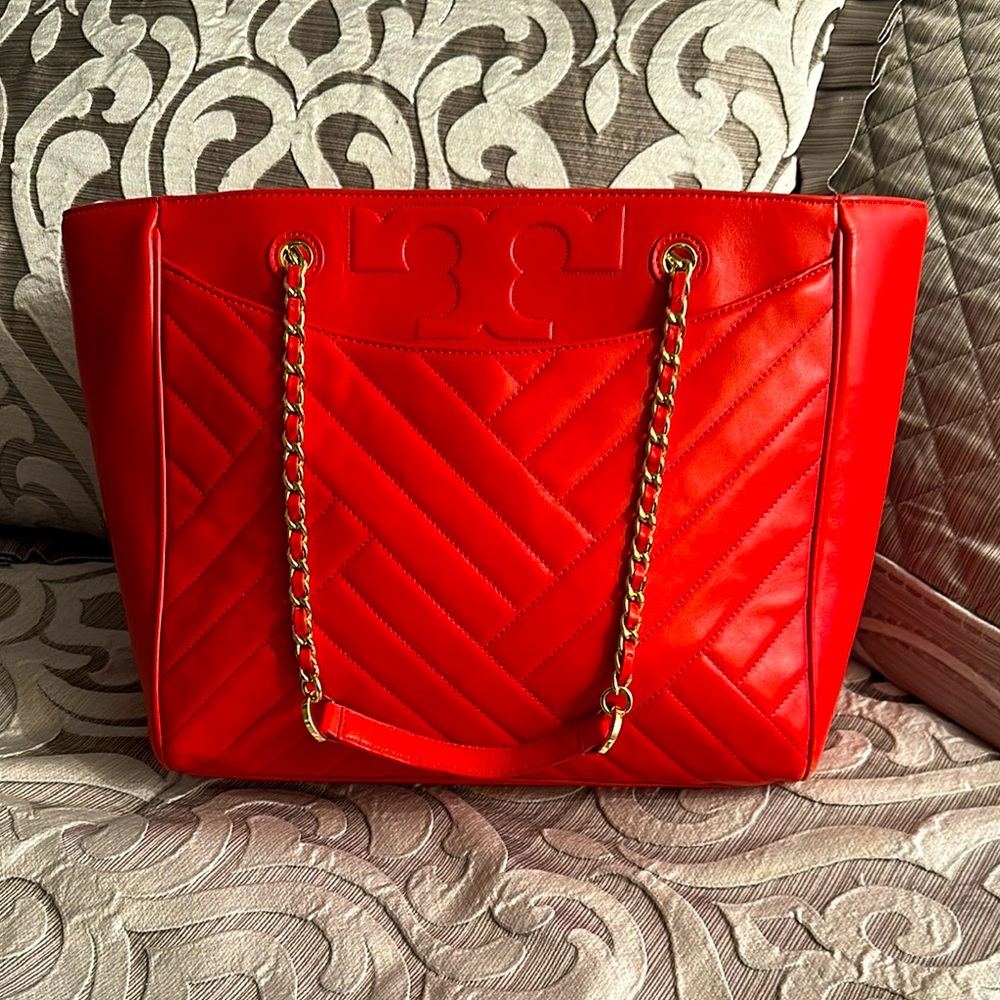 Tory Burch Large Elegant Bright Red Quilted Soft Leather Tote Bag
